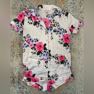 Victoria’s Secret Satin Short Pajama Set | Pink Floral Stripe Print | Lapel | S